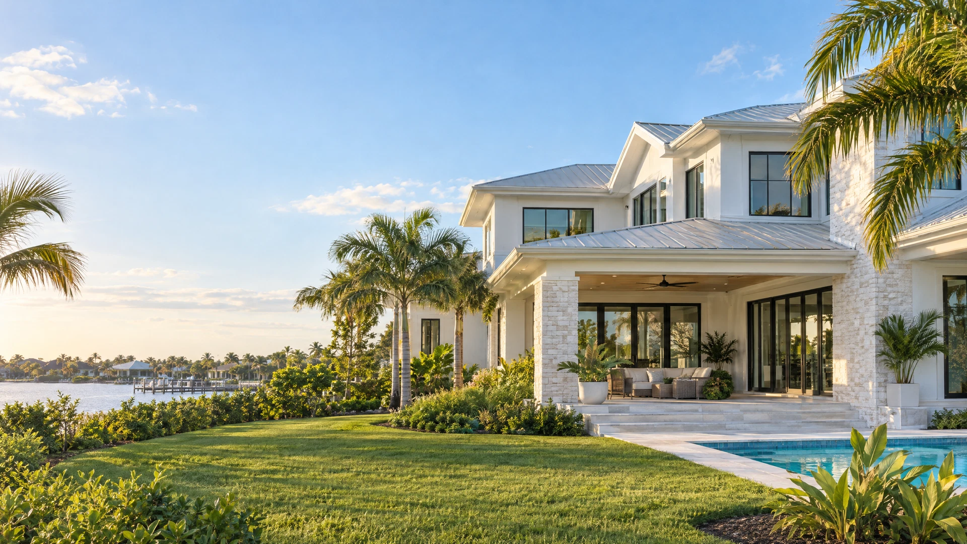 Illustrative coastal Florida home with palms and a sunlit patio